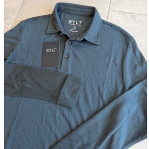 NWT BYLT Premium Basics Mens Vintage Navy Long Sleeve Polo Shirt Size S